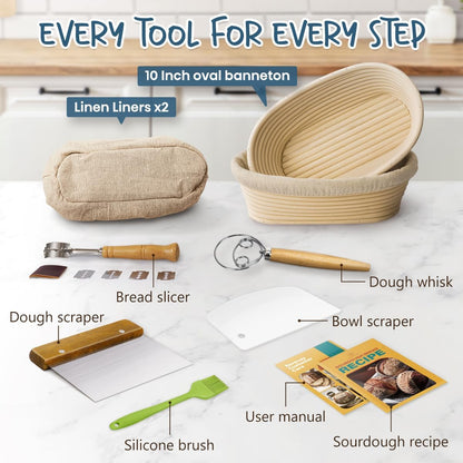 Sourdough Starter Kit with 2 Oval Banneton Bread Proofing Baskets | Complete Sourdough Bread Baking Supplies, Beginner Friendly, 2 PCS 10 in Oval Rattan Banneton, Sturdy Sour Dough Tools