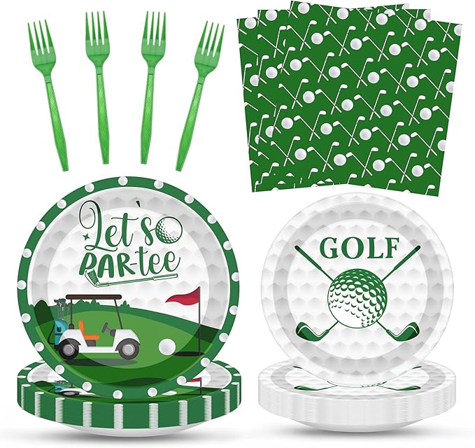 96 Pcs Golf Party Decorations Tableware Set Let's Partee Time Disposable Dessert Plates Napkins Forks for Table Supplies Favors for Birthday Party Serve 24 Guests