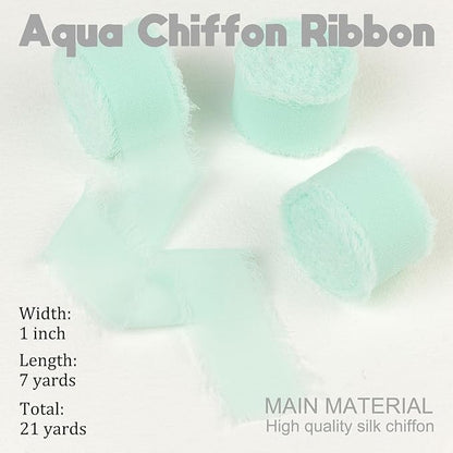 Aqua Chiffon Ribbon - 1 Inch x 21 Yards, Handmade Fringe, Silk, Boho Frayed, Dreamy Green for Gift Wrapping, Wedding Invitation, Bridal Flower Bouquets