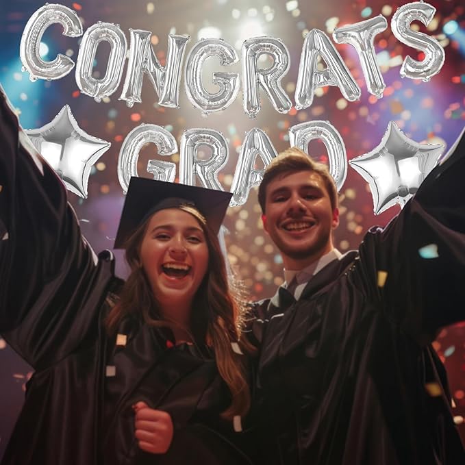 16 Inch Silver Congrats Grad Banner Balloons Congrats Grad Letters Balloons Graduation Decorations 2026 for Graduation Celebration Party Supplies