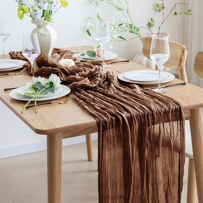 Asee'm Cheesecloth Table Runner 120 Inches Long Brown Boho Gauze Cheese Cloth Runner 10FT Rustic Sheer Fall Table Runners for Thanksgiving Wedding Party Baby Shower Decoration