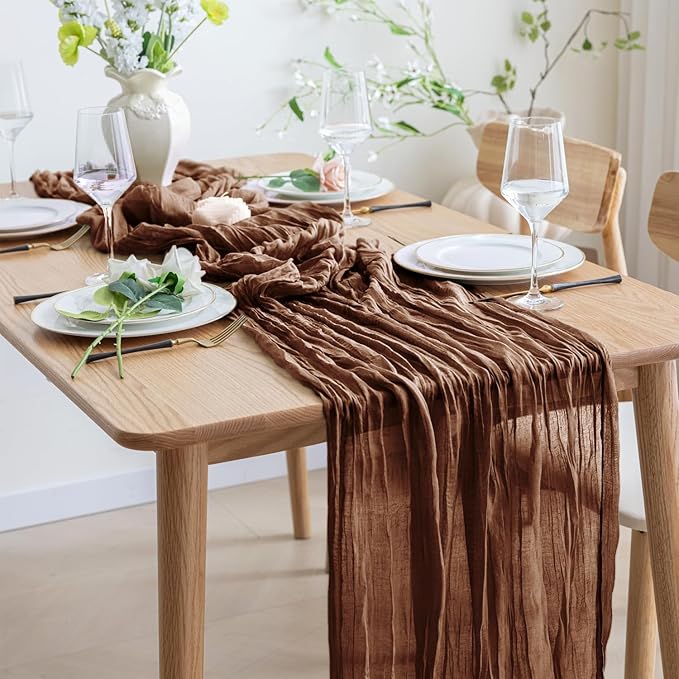 Asee'm 3pcs Cheesecloth Table Runner 120 Inches Long Brown Boho Gauze Cheese Cloth Runner 10FT Rustic Sheer Fall Table Runners for Thanksgiving Christmas Wedding Party Baby Shower Decoration