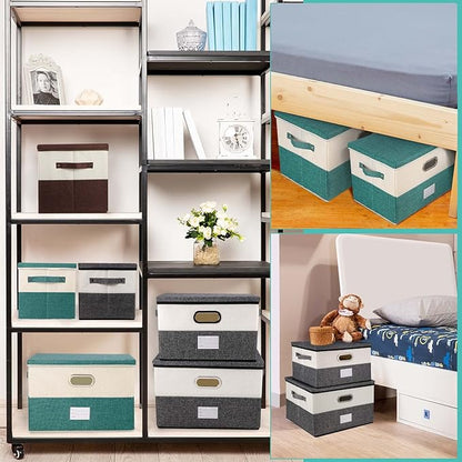 Large Linen Fabric Foldable Storage Bins with Removable Lid and Handles, Washable Storage Box Organizer Containers Baskets Cube with Cover for Bedroom,Closet,Office (Turquoise&Cream, Large)