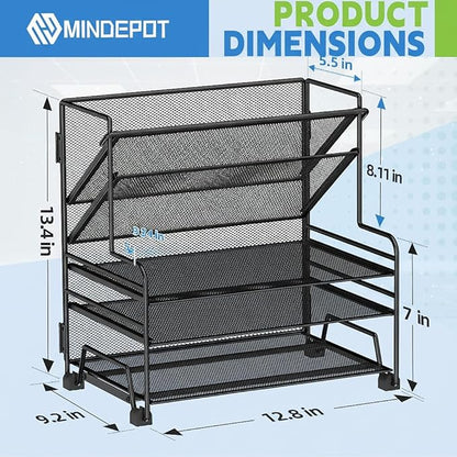 MINDEPOT 4-Tier Paper Organizer + 3-Pocket File Holder, Desktop File Organizers Paper Tray for Office School Classroom Workspace Organization (Black Desk Organizer, No Drawer & No Pen Holder)