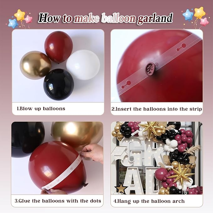 Burgundy Balloon Arch Garland Kit,Burgundy Maroon and Gold White Black Balloons Exploding Star Foil Balloons for New Year Decorations Graduation Retirement Birthday Wedding Party Supplies