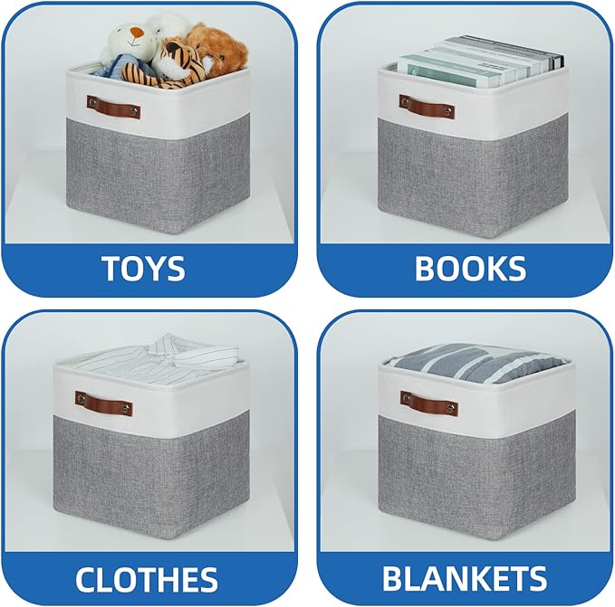 Temary Fabric Storage Baskets - 11 Inch Storage Cubes Set of 4 for Organizing, Books, Blankets (White&Gray)