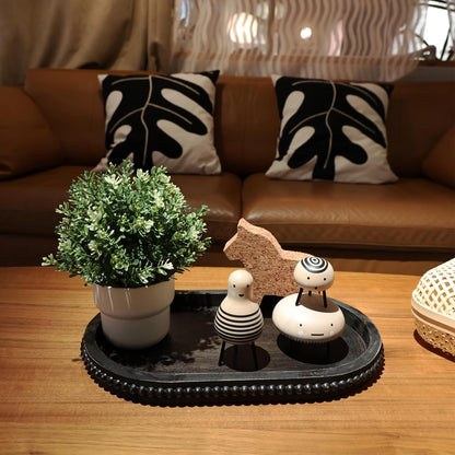 Vintage Black Oval Wood Decorative Ottoman Tray for Coffee Table Kitchen Counter, Living Room, Handcrafted Wooden Serving Tray for Table Centerpiece