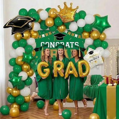 Green White Gold Balloon Garland Arch Kit with backdrop Stars Graduation Cap crown GRAD Letters Mylar Balloons for 2026 graduate Prom Decorations