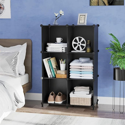 AWTATOS Cube Storage Organizer, Storage Cubes Shelves Bookshelf, 6 Cube Closet Organizers and Storage, DIY Stackable Plastic Clothes Organizer Shelving for Bedroom, Home, Black