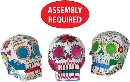 Beistle 6 Piece Three Dimensional Sugar Skull Day Of The Dead Centerpieces - Eye-Catching Dia De Los Muertos Party Decorations, Made In USA Since 1900
