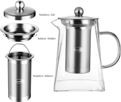 Cnglass Glass Teapot with Infuser,31oz Clear Glass Tea Kettle with Removable Stainless Steel Strainer
