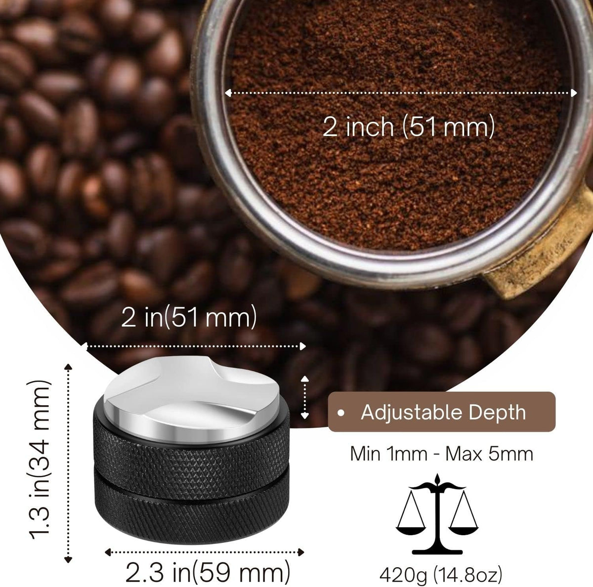 Flexzion Espresso Distribution Tool 51mm Coffee Leveler, Adjustable Depth and Universally Compatible Espresso Leveler for 51mm Portafilters and