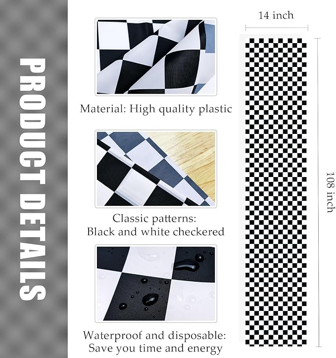 12 Pcs Black and White Checkered Table Runner 14 x 108 Plastic Table Runner for Race Car Theme Party Birthday Baby Shower Disposable Table Runner