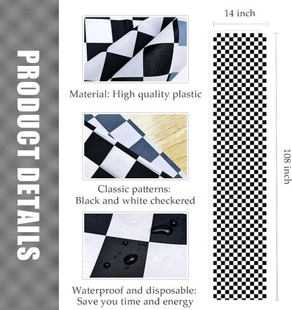 12 Pcs Black and White Checkered Table Runner 14 x 108 Plastic Table Runner for Race Car Theme Party Birthday Baby Shower Disposable Table Runner