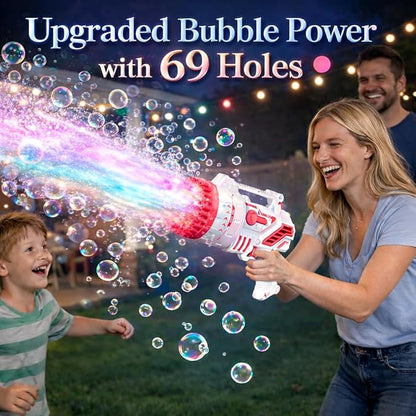 Bubble Gun for Kids, 69-Hole Bubble Machine with LED Lights, 69 Hole Bubble Blaster Blower, for Ages 3+, Summer, Birthday, Party Wedding Outdoor (Pink)