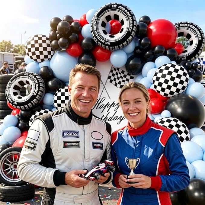Car Balloon Arch Garland Kit 200pcs, Checkered Wheel Tire Black Red Blue Balloons Arch Kit for Racing Car Two Fast Theme Boy Birthday Anniversary Party Decorations