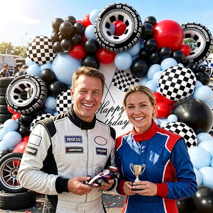 Car Balloon Arch Garland Kit 200pcs, Checkered Wheel Tire Black Red Blue Balloons Arch Kit for Racing Car Two Fast Theme Boy Birthday Anniversary Party Decorations