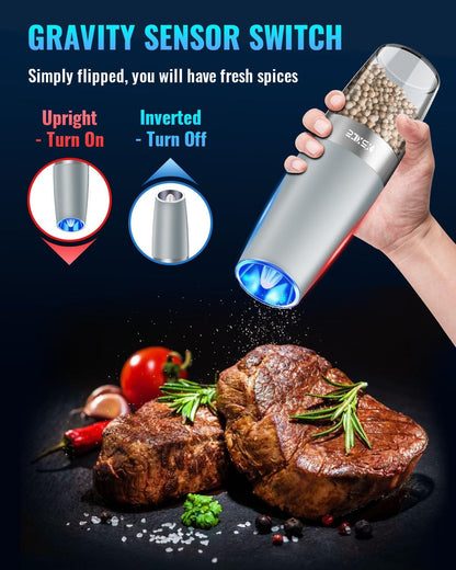 XinXu Gravity Electric Pepper and Salt Grinder Set, Adjustable Coarseness, Battery Powered with LED Light, One Hand Automatic Operation -Light Grey/2 Pack