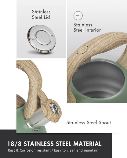 Poliviar Tea Kettle, 2.7 Quart Seaweed Green Finish with Wood Pattern Handle Loud Whistle Food Grade Stainless Steel Teapot, Anti-Hot Handle and Anti-Rust, Suitable for All Heat Sources (JX2020-SB30)