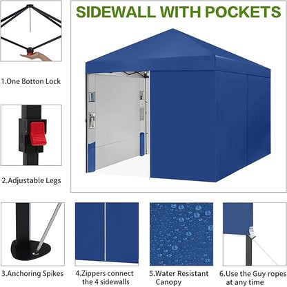 Tunbne 10X10 Comercial Pop Up Canopy Tent with 4 Sidewalls and 6 Pockets, One Push Setup Center Lock, for Beach Patio Outdoor, Case, 8 Stakes, 4 Ropes, 4 Sandbags (Sapphire Blue)