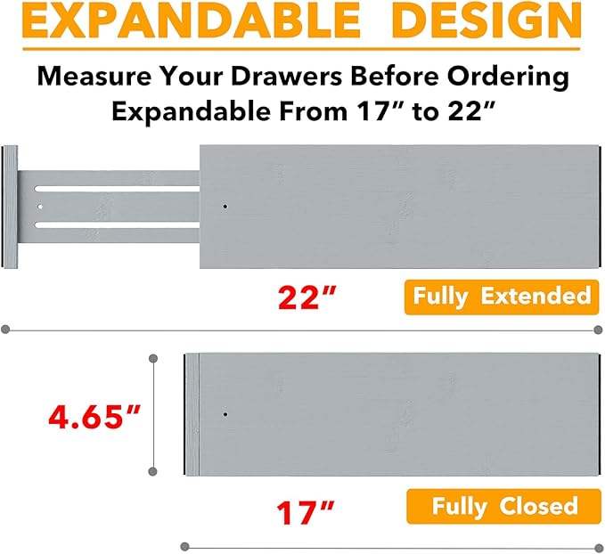 SpaceAid Bamboo Dresser Drawer Dividers 6 Pack, 4.65“ High Adjustable 17“-22” Drawer Organizers, Expandable Organization for Clothing, Clothes, Dressers, Gray