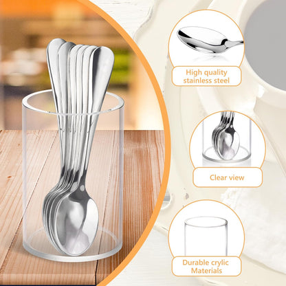 6 Pcs Mini Coffee Spoons with Holder 4.7 inch Demitasse Espresso Stainless Steel Spoons Silver with Acrylic Cylinder Holder for Coffee Bar Home Tea