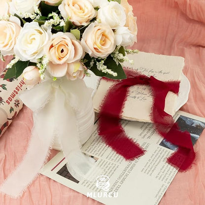 Red Chiffon Ribbon 1.5 Inch x 21Yds Handmade Fringe Chiffon Silk Ribbon Burgundy/Cream/Red Frayed Chiffon Ribbon for Wedding Invitation Flower Bouquets Bridal Shower Gift Wrapping