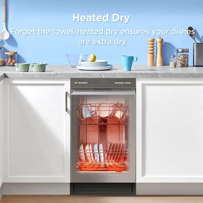 Midea 18 Inch Built-in Dishwasher, Slim Space-Saving Design with 8 Place Settings, 6 Washing Programs &amp; Stainless Steel Tub, Energy Star Certified Dishwasher with Heated Dry &amp; High Temp Wash, Silver