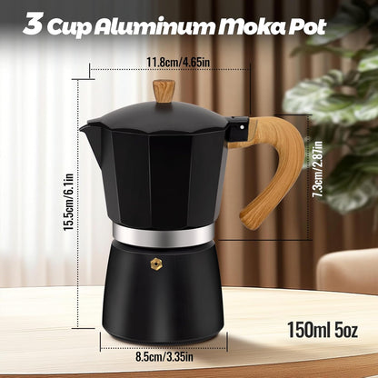 3 Cup Aluminum Moka Pot Classic Stovetop Espresso Coffee Maker 150ml 5oz Coffeemaker Percolator Mocha Pot Greca Coffee Maker Cafe Makers for Italian and Cuban Café Brewing Black