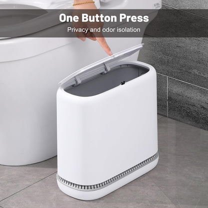 MOPALL Bathroom Trash Can, 3.3 Gallon Slim Garbage Can with Lid, Adsorption Narrow Trash Bin with Press-Top Lid, Plastic Small Waste Basket for Kitchen, Bathroom, Office, Bedroom, Living Room(White)