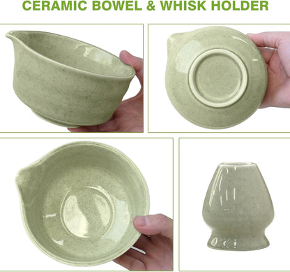 Matcha Whisk Set - Premium Complete Ceremonial Grade Matcha Set with Bamboo Whisk, Matcha Bowl with Spout, Scoop, Sifter & Holder