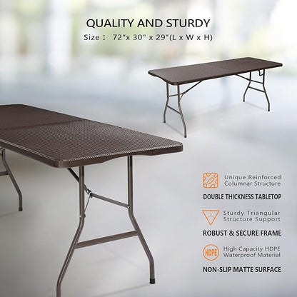 VINGLI 6 Foot Plastic Folding Table Portable Long Table for Indoor Outdoor Use Rectangular with Carrying Handle,Rattan Patterned HDPE Tabletop, Brown