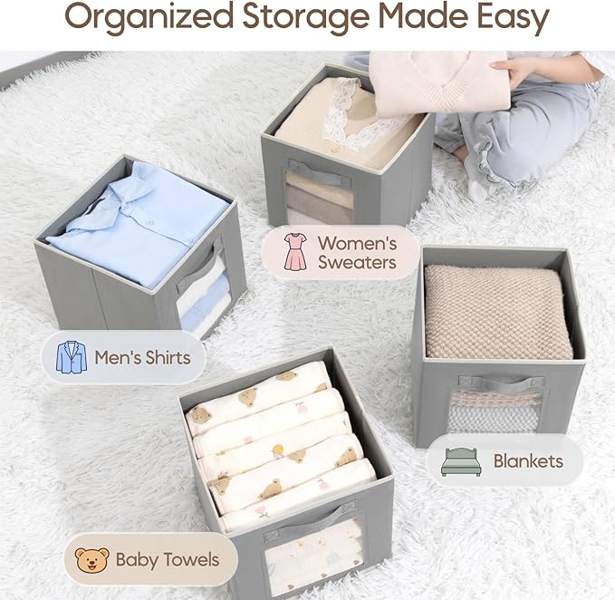 Homsorout Foldable Storage Cubes - Cubby Storage Organizer with Window, Decorative Baskets for Organizing, Fabric Bins for Clothes Storage, Closet Storage Cubes 11inch, Set of 12, Grey