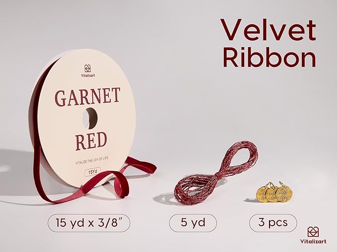 Vitalizart Red Velvet Ribbon Set 3/8" Continuous Burgundy Fabric Trim Thin Ribbon 15Yd for Gift Wrapping, Tree Ornaments, Vintage Christmas Paper, Crafts, Bows, Holiday Decor with Gift Twine