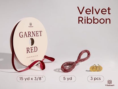 Vitalizart Red Velvet Ribbon Set 3/8" Continuous Burgundy Fabric Trim Thin Ribbon 15Yd for Gift Wrapping, Tree Ornaments, Vintage Christmas Paper, Crafts, Bows, Holiday Decor with Gift Twine
