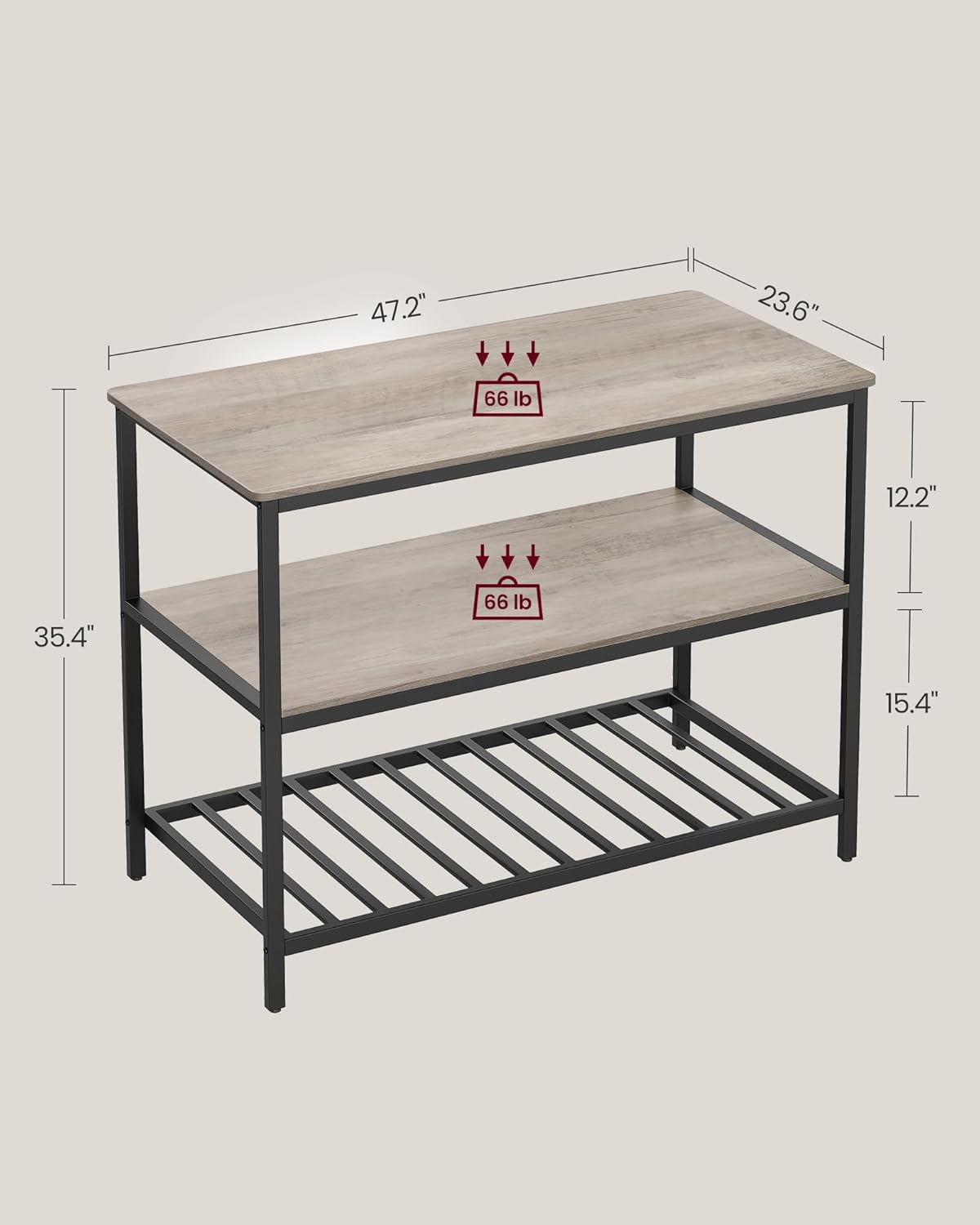 VASAGLE Kitchen Island with 3 Shelves, 47.2 Inches Width Kitchen Shelf with Large Worktop, Stable Steel Structure, Industrial, Easy to Assemble, Greige and Black UKKI001B02