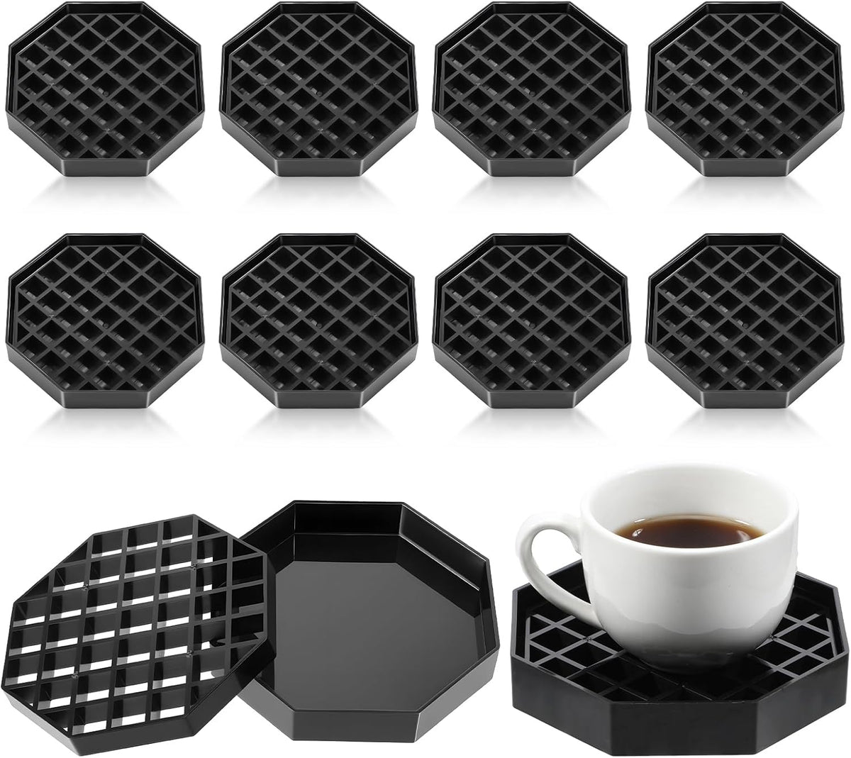 10 Pcs 4 Inch Coffee Drip Tray, Black Plastic Octagon Coffee Countertop Drip Coaster with Detachable Grid Drip Tray for Drink Dispenser Bar Restaurant Party