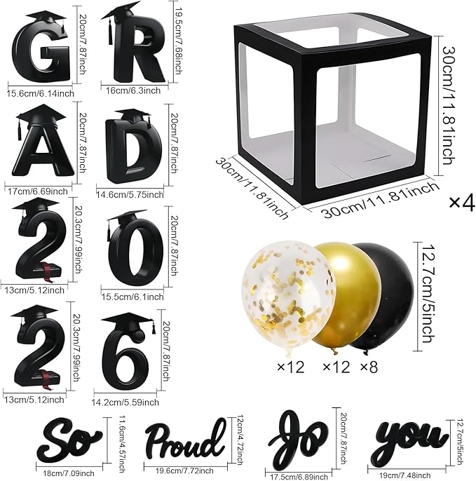 2026 Graduation Balloon Boxes Decorations, 4pcs Graduation Blocks with 32pcs Balloons “GARD” “2026” Letters, So Pround of You Decorations for Class of 2026 Party Supplies for College, High School