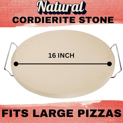 16 inch Round Pizza Stone for Oven - Large Pizza Stone for Grill with Handles and Dough Tool - Round Baking Stone for Bread