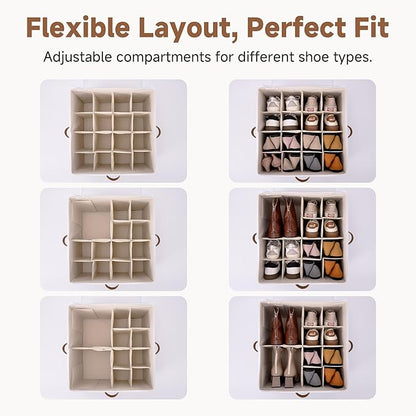 StorageWorks 2 Pack Shoe Organizer for Closet, Foldable Shoe Storage Box with Adjustable Dividers, Fabric Shoes Container, Stackable Storage Bins for Boots, Sneakers, Fits up to 16-32 Pairs, Beige