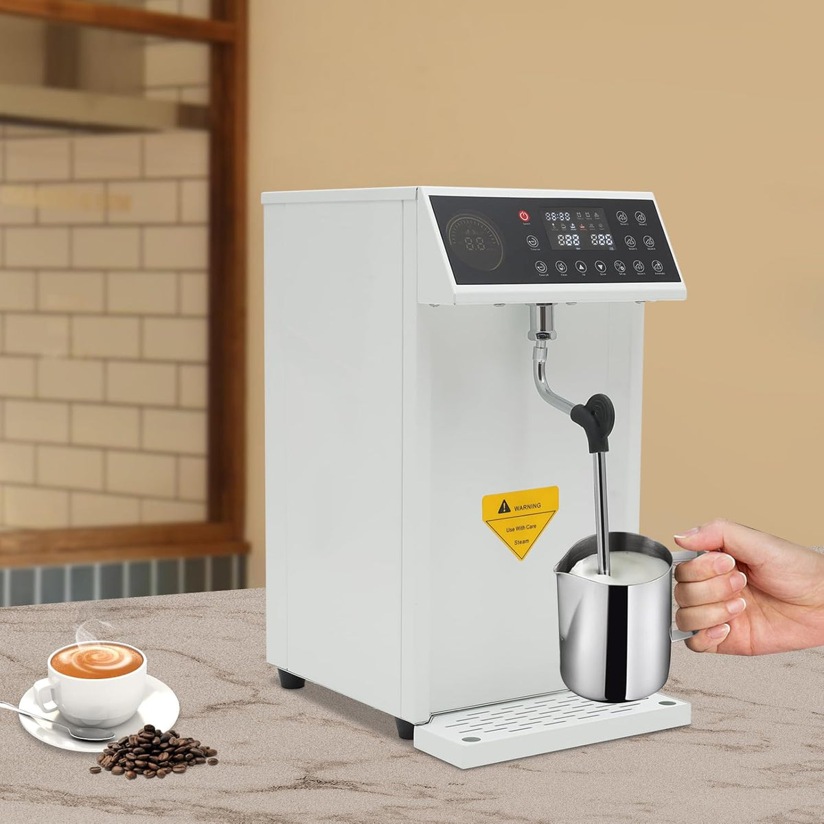 8L/2.11gal Commercial Steam Milk Frother, 3000W 5-Gear Fast Heating Milk Steamer Machine Electric Steam Milk Frothing Machine Espresso Coffee Milk