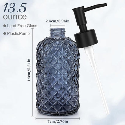 13.5Oz Gem Design Soap Dispenser with Plastic Pump, Refillable Glass Soap Dispenser for Hand Soap, Dish Soap, Lotion (Blue Grey)