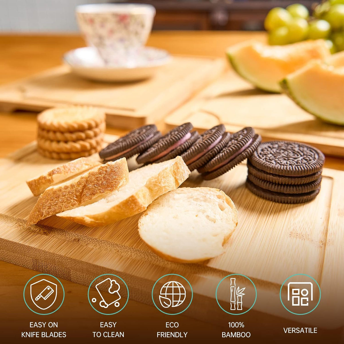 Bamboo Cutting Boards for Kitchen, Wood Cutting Board with Holder, Bamboo Cutting Board Set Reversible with Juice Grooves for Meat Cheese Fruit and
