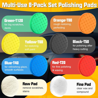 7.5 Inch Buffing Polishing Pads, 8 Pcs Buffing Pads, Car Compound Buffing Sponge Pads and Woolen Pads Cutting Polishing Pad Kit for Car Buffer Polisher Compounding, Polishing & Waxing