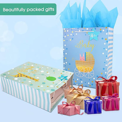Gift Bag for Baby Boy,12.6" Large Gift Bags with Tissue Paper,Gift Bag for Baby Shower Bag with Gold Foil Design, Paper Gift Bag for Newborn,Baby,New Moms,Gift Wrap Baby Shower Bag for Baby Boy Baby Girl,Baby Birthday Gift Bags with Handles,Cute Presen...
