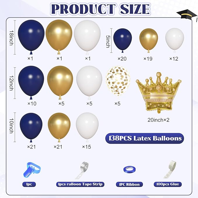 Ouddy Life 142pcs Navy Blue and Gold Balloons Garland Arch Kit, Class of 2026 Decorations Graduation Royal Blue Balloon Gold White Confetti Balloons Foil Crown for College Baby Shower Birthday Party
