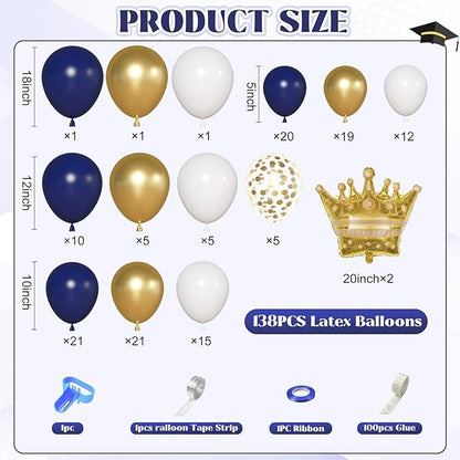 Ouddy Life 142pcs Navy Blue and Gold Balloons Garland Arch Kit, Class of 2026 Decorations Graduation Royal Blue Balloon Gold White Confetti Balloons Foil Crown for College Baby Shower Birthday Party
