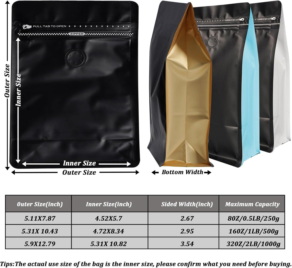 Coffee Bags with Valve (60 PCS,16oz/1lb) Black Side Color High Barrier Aluminum Foil Flat Bottom Standing Coffee Beans Storage Packaging Bags
