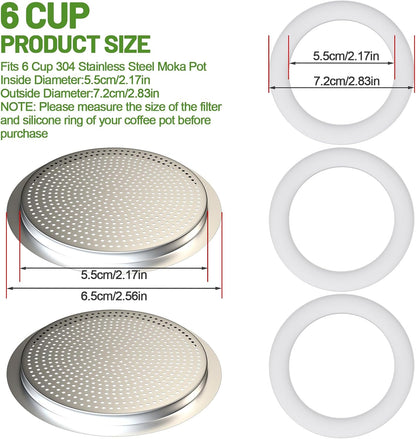 2 Pcs Filter with 3 Pcs Silicone Gasket Seals for 6 Cup Stovetop Espresso Coffee Maker Replacement Parts for 304 Stainless Steel Moka Pot