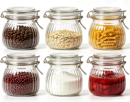 ComSaf Ribbed Glass Jars with Airtight Lids 17oz 6 Pack Wide Mouth Pickling